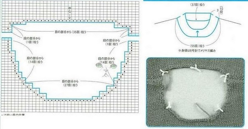 Круглый вырез горловины спицами схема и описание