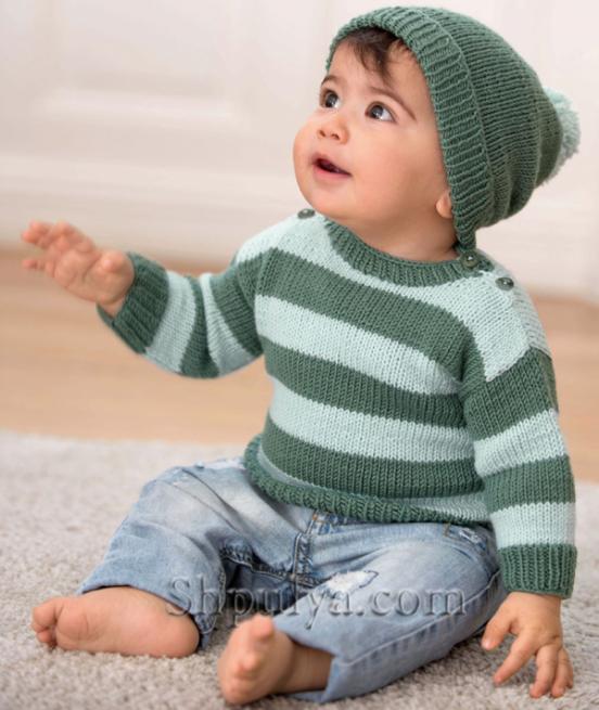 пуловер в полоску для мальчика 1-3 года и шапочка спицами