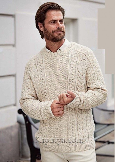 мужской пуловер реглан с аранскими «косами»